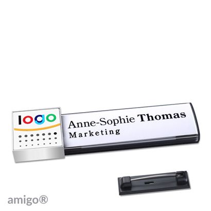 Namensschilder amigo® alu-print Magnet square | Edelstahl-Rastnadel | anthrazit | weiß | edelstahl