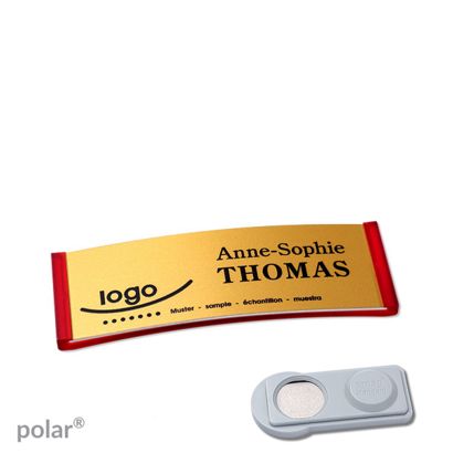 Namensschilder polar® alu-complete magnet smag® Magnet | transluzent, rot | gold | 64 x 22 mm