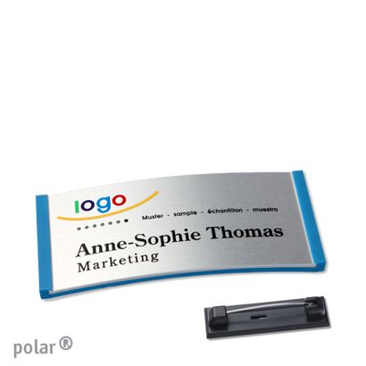 Namensschilder polar® alu-complete Nadel mittelblau | silber | 65 x 30 mm