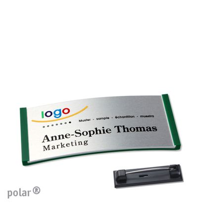 Namensschilder polar® alu-complete Nadel grün | silber | 65 x 30 mm