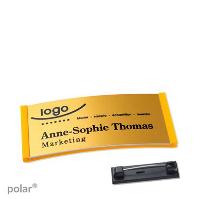 Namensschilder polar® alu-complete Nadel gelb | gold | 65 x 30 mm