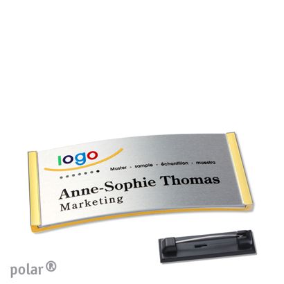 Namensschilder polar® alu-complete Nadel gold | silber | 65 x 30 mm