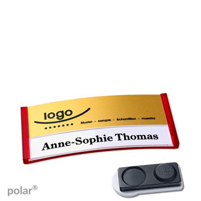Namensschilder polar® alu-print Magnet smag® Magnet, extra stark | transluzent, rot | gold | 65 x 30 mm
