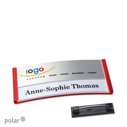 Namensschilder polar® alu-print Nadel transluzent, rot | silber | 65 x 30 mm