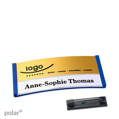 Namensschilder polar® alu-print Nadel blau | gold | 65 x 30 mm