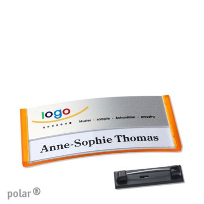 Namensschilder polar® alu-print Nadel transluzent, orange | silber | 65 x 30 mm