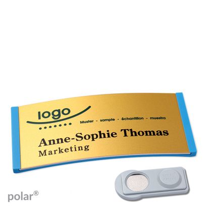 Namensschilder polar® alu-complete magnet smag® Magnet | mittelblau | gold | 74 x 34 mm