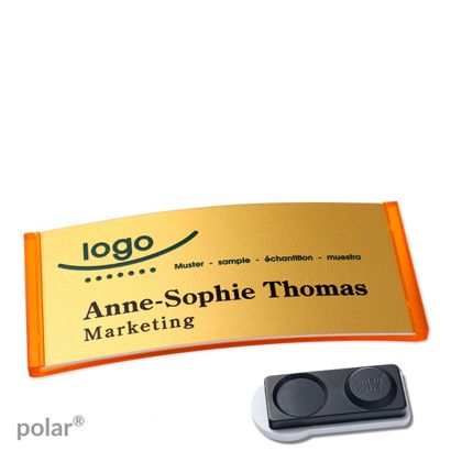 Namensschilder polar® alu-complete magnet smag® Magnet, extra stark | transluzent, orange | gold | 74 x 34 mm