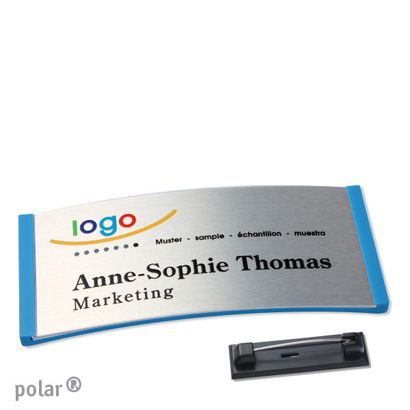 Namensschilder polar® alu-complete Nadel mittelblau | silber | 74 x 34 mm