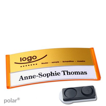 Namensschilder polar® alu-print Magnet smag® Magnet, extra stark | transluzent, orange | gold | 74 x 34 mm
