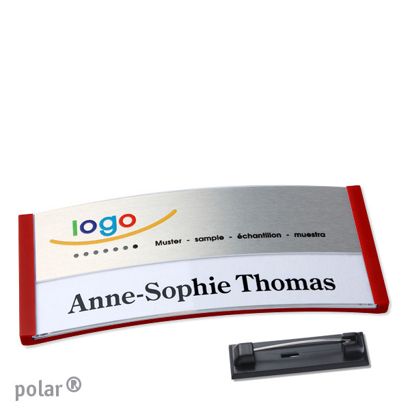 Namensschilder polar® alu-print Nadel rot | silber | 74 x 34 mm