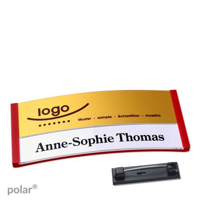 Namensschilder polar® alu-print Nadel rot | gold | 74 x 34 mm