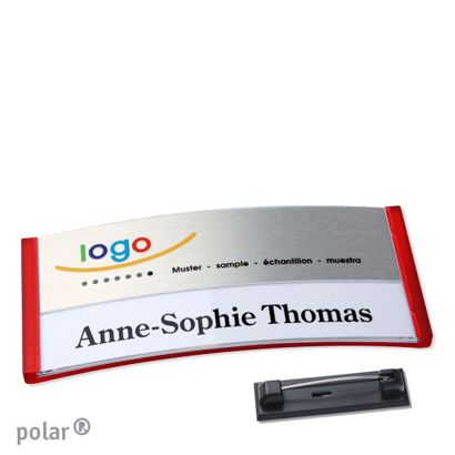 Namensschilder polar® alu-print Nadel transluzent, rot | silber | 74 x 34 mm
