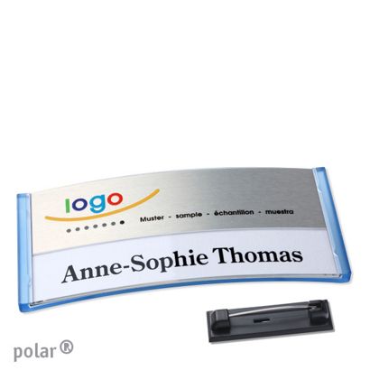 Namensschilder polar® alu-print Nadel transluzent, blau | silber | 74 x 34 mm