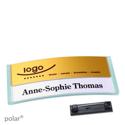 Namensschilder polar® alu-print Nadel transluzent, grün | gold | 74 x 34 mm
