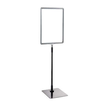 Plakatrahmen mit Standfuß und Halterung (Set) A4 Aluminiumstange verstellbar von 350 - 550 mm | grau | Standfläche: schwarz
