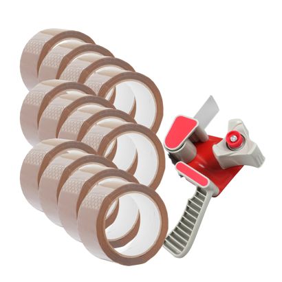 Packbandabroller und 12 Rollen Packband, braun 