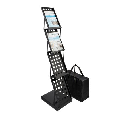 Prospektständer faltbar KAIRO 4 x A4 Metall mit Tasche, schwarz 