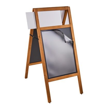 Kundenstopper Holz COMBI PLUS A2, mit Kreidetafel und Magnetrahmen, braun 