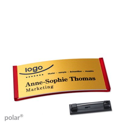 Namensschilder polar® alu-complete Nadel 65 x 30 mm  | transluzent|rot  | gold 
