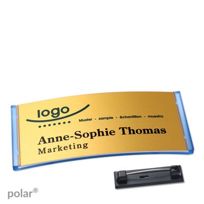 Namensschilder polar® alu-complete Nadel 74 x 34 mm  | transluzent|blau  | gold 