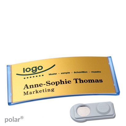 Namensschilder polar® alu-complete magnet 74 x 34 mm  | transluzent|blau  | gold  | smag® Magnet 