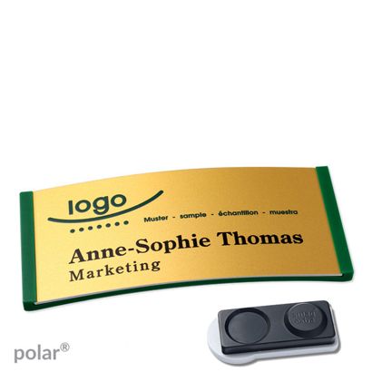 Namensschilder polar® alu-complete magnet 74 x 34 mm  | grün  | gold  | smag® Magnet, extra stark 