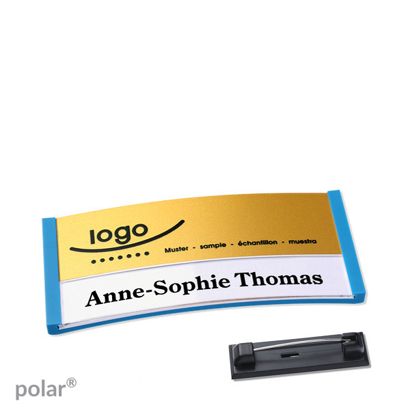 Namensschilder polar® alu-print Nadel 65 x 30 mm  | mittelblau  | gold 