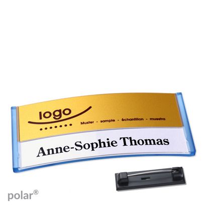Namensschilder polar® alu-print Nadel 74 x 34 mm  | transluzent|blau  | gold 