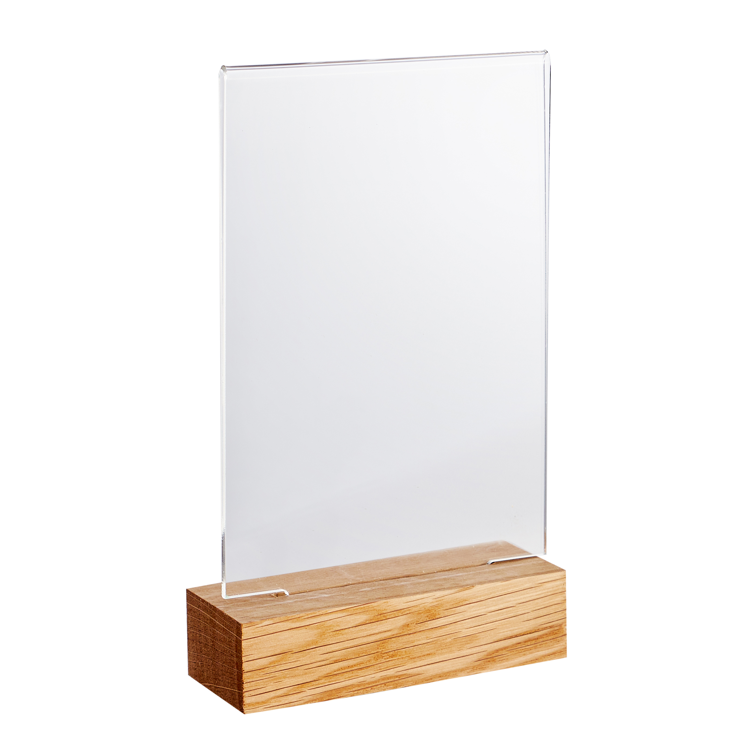 Acryl Tischaufsteller mit Holzfuß Eiche | A6 | Hochformat, Acryl (PMMA)|Eichenholz