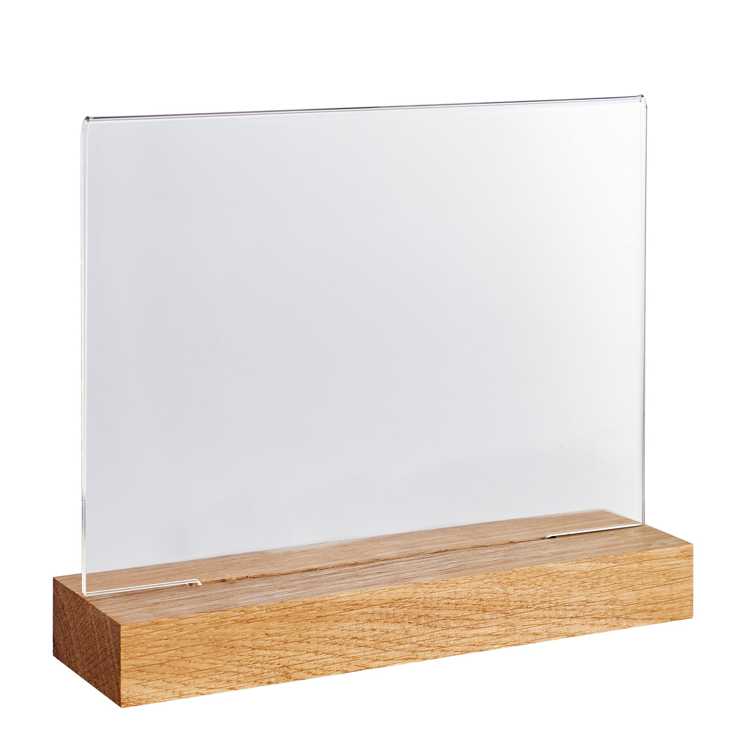 Acryl Tischaufsteller mit Holzfuß Eiche | A5 | Querformat, Acryl (PMMA)|Eichenholz