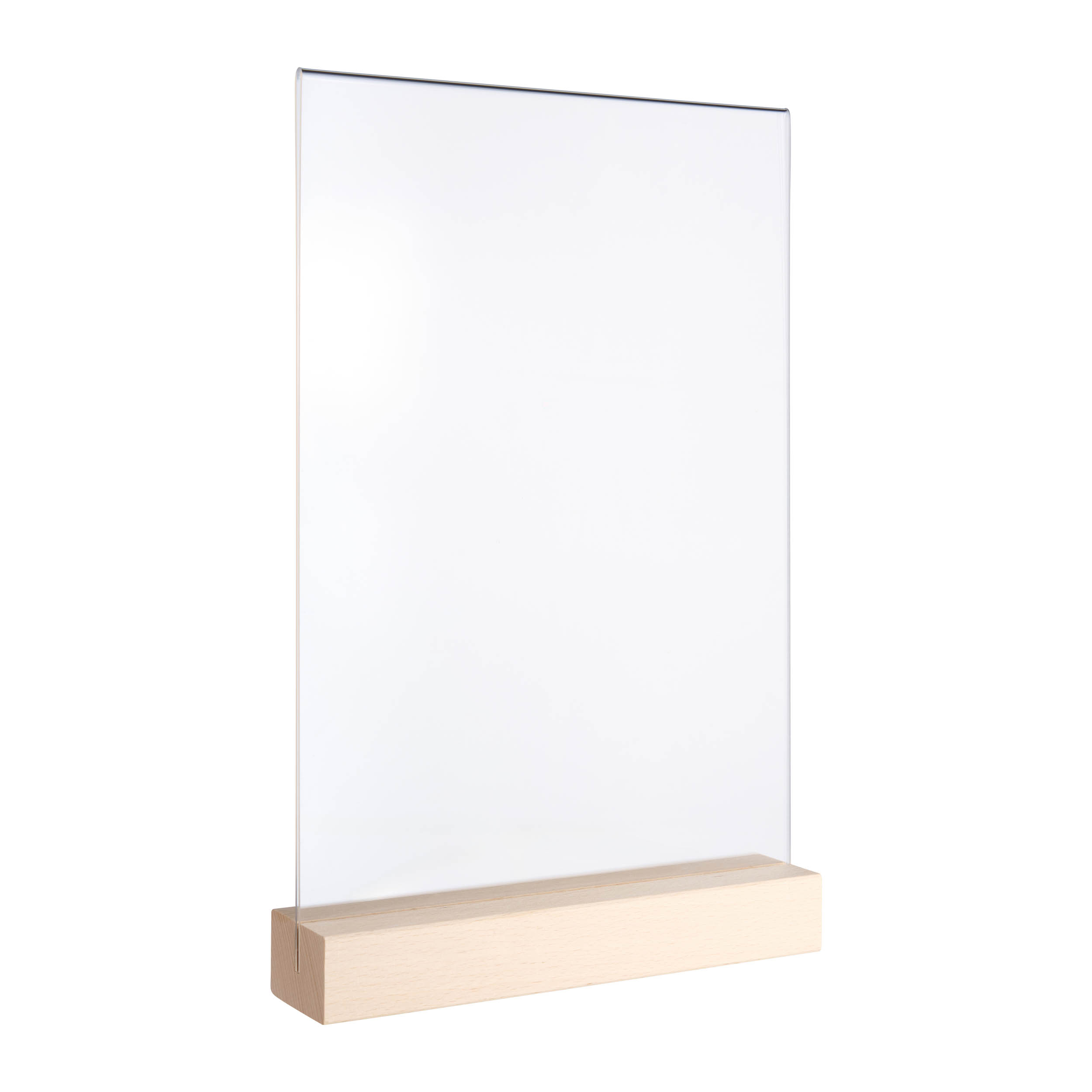 Tischaufsteller MODUL, Acrylglastasche mit Holzsockel A4 | Buche | Holzsockel mit geradem Einsteckschlitz, Buchenholz|Acryl (PMMA)