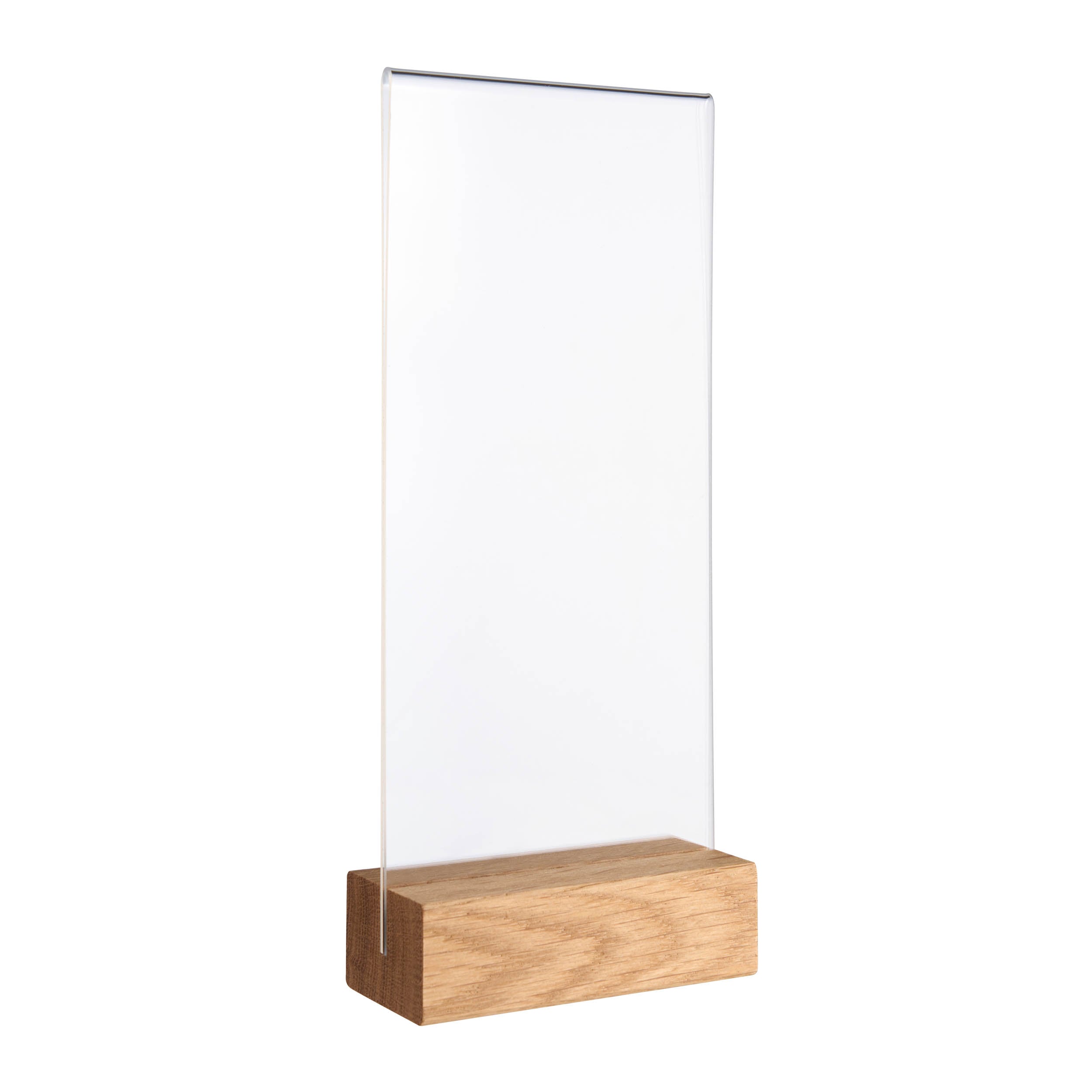 Tischaufsteller MODUL, Acrylglastasche mit Holzsockel 1/3 A4 | Eiche | Holzsockel mit geradem Einsteckschlitz, Eichenholz|Acryl (PMMA)
