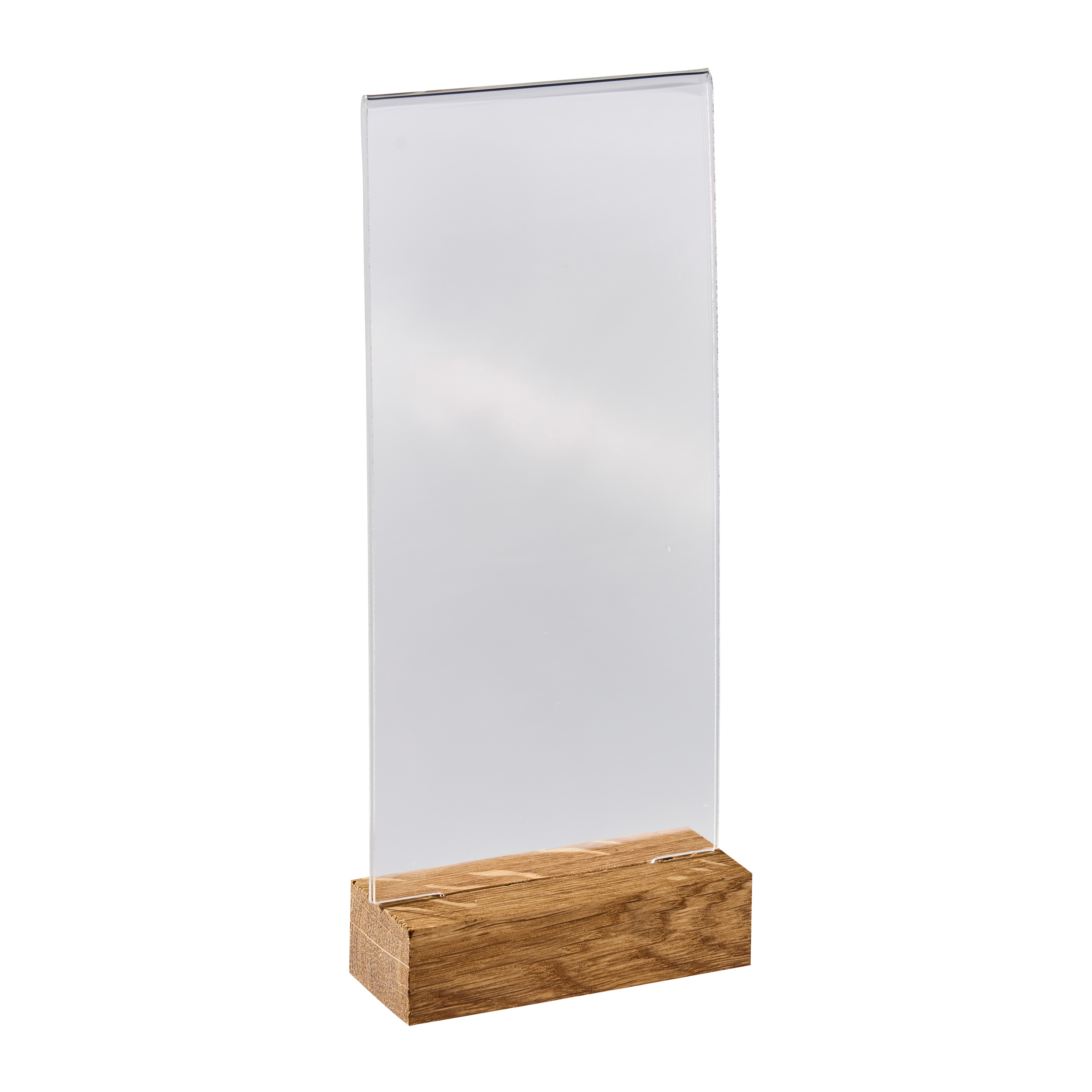 Acryl Tischaufsteller mit Holzfuß Eiche | 1/3 A4 | Hochformat, Acryl (PMMA)|Eichenholz