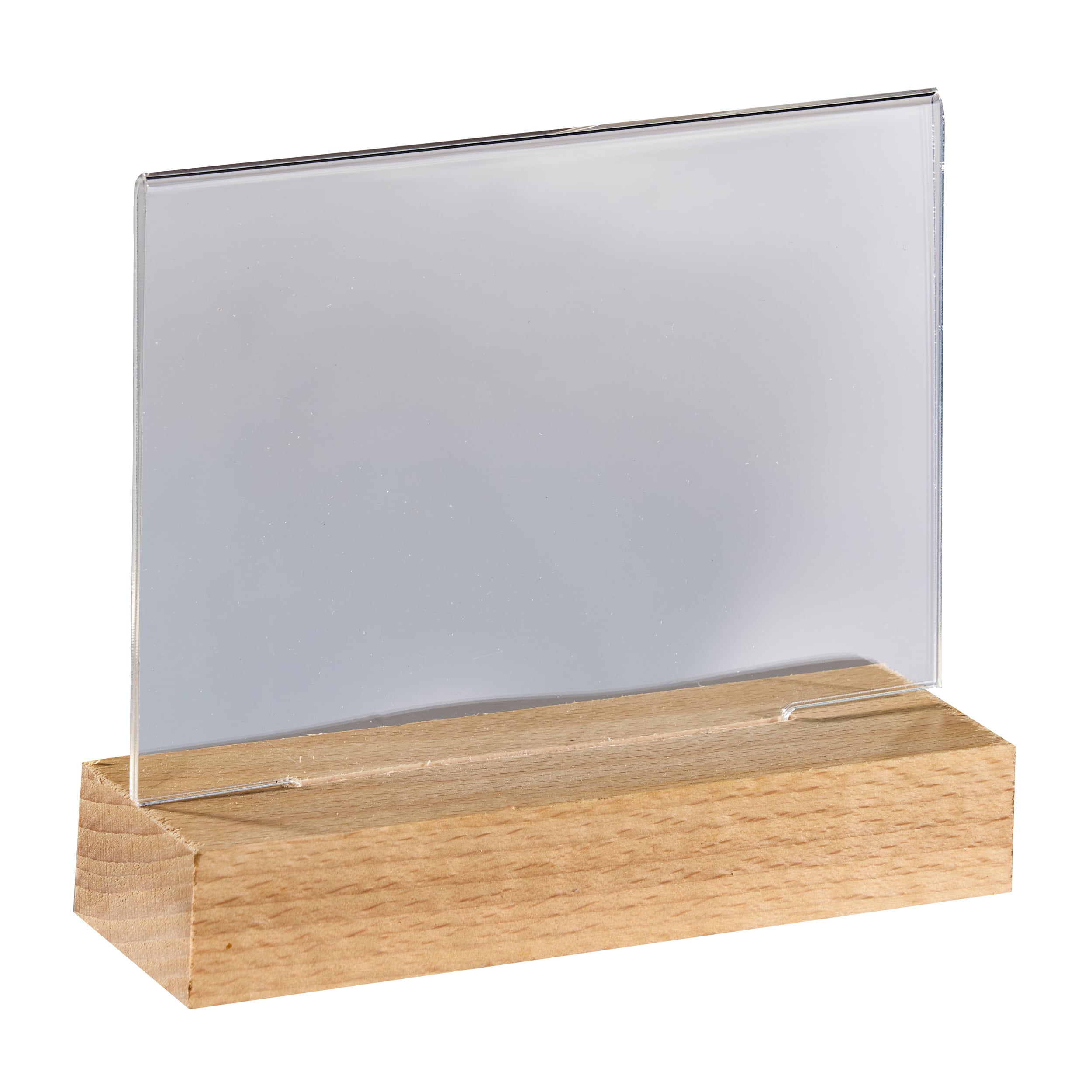 Acryl Tischaufsteller mit Holzfuß Buche | A6 | Querformat, Acryl (PMMA)|Buchenholz