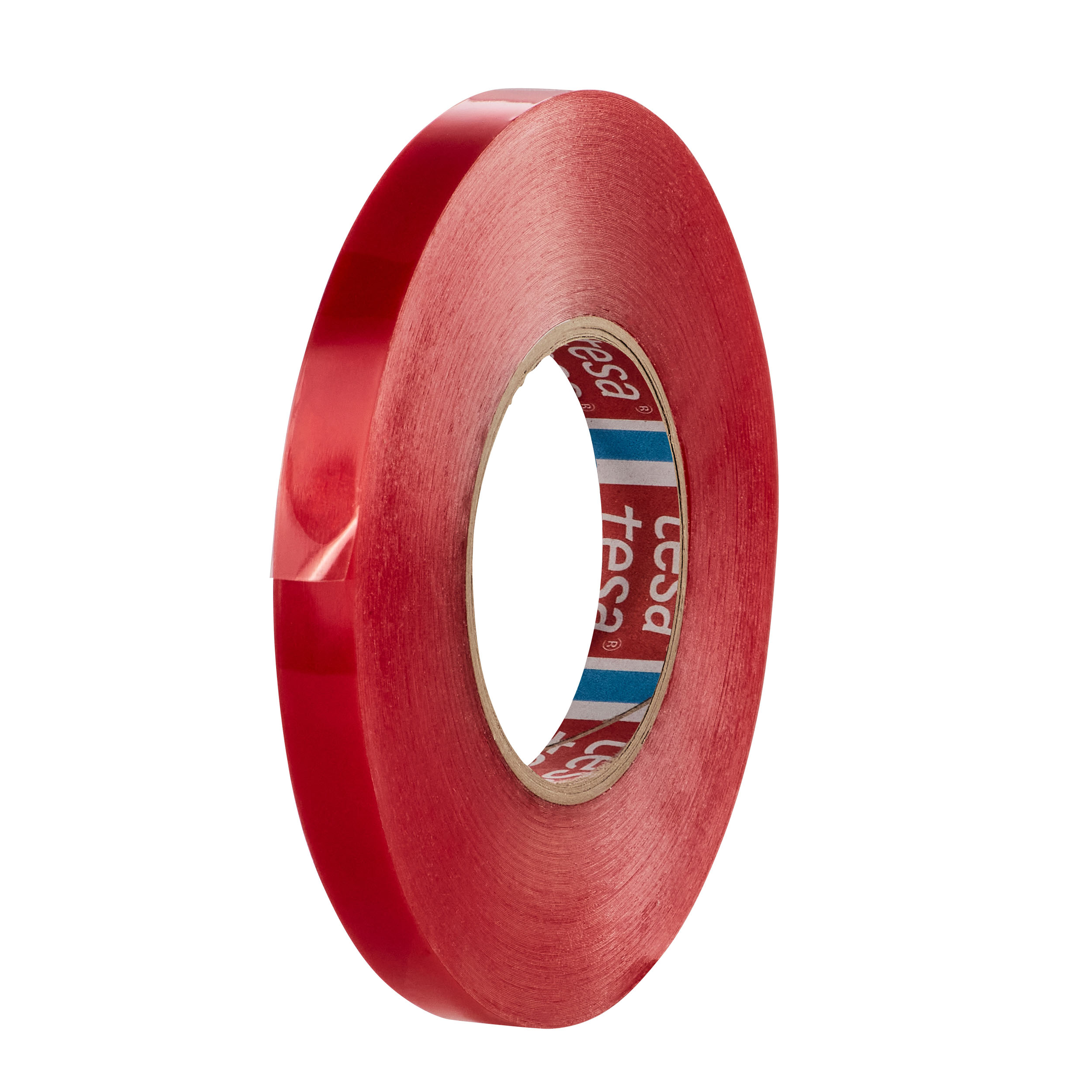 tesa 4965, Doppelseitiges PET-Klebeband, sehr starker Acrylatklebstoff, rote Folienabdeckung 15 mm, transparent