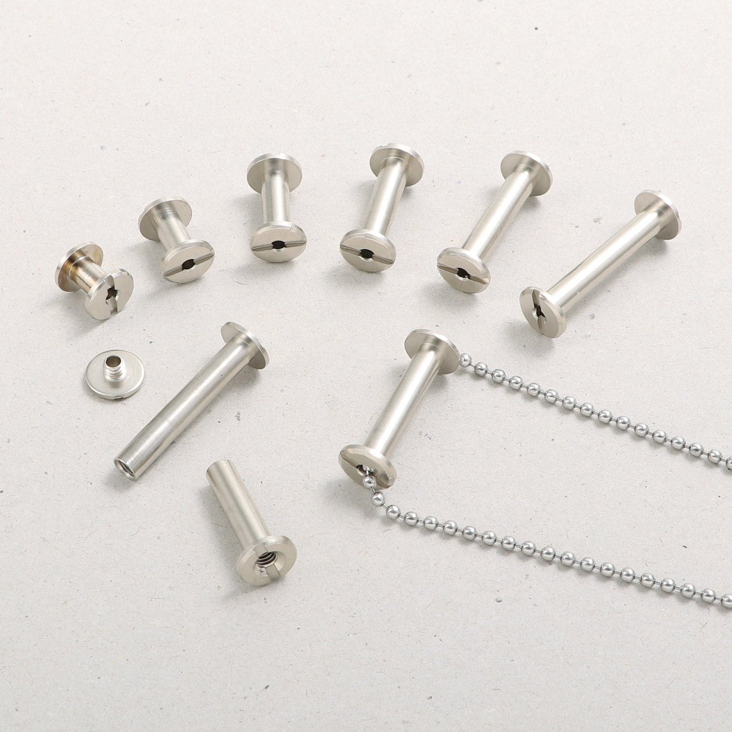 100 Kollektionsschrauben, Buchschrauben Metall mit Loch 25 mm | vernickelt, silber