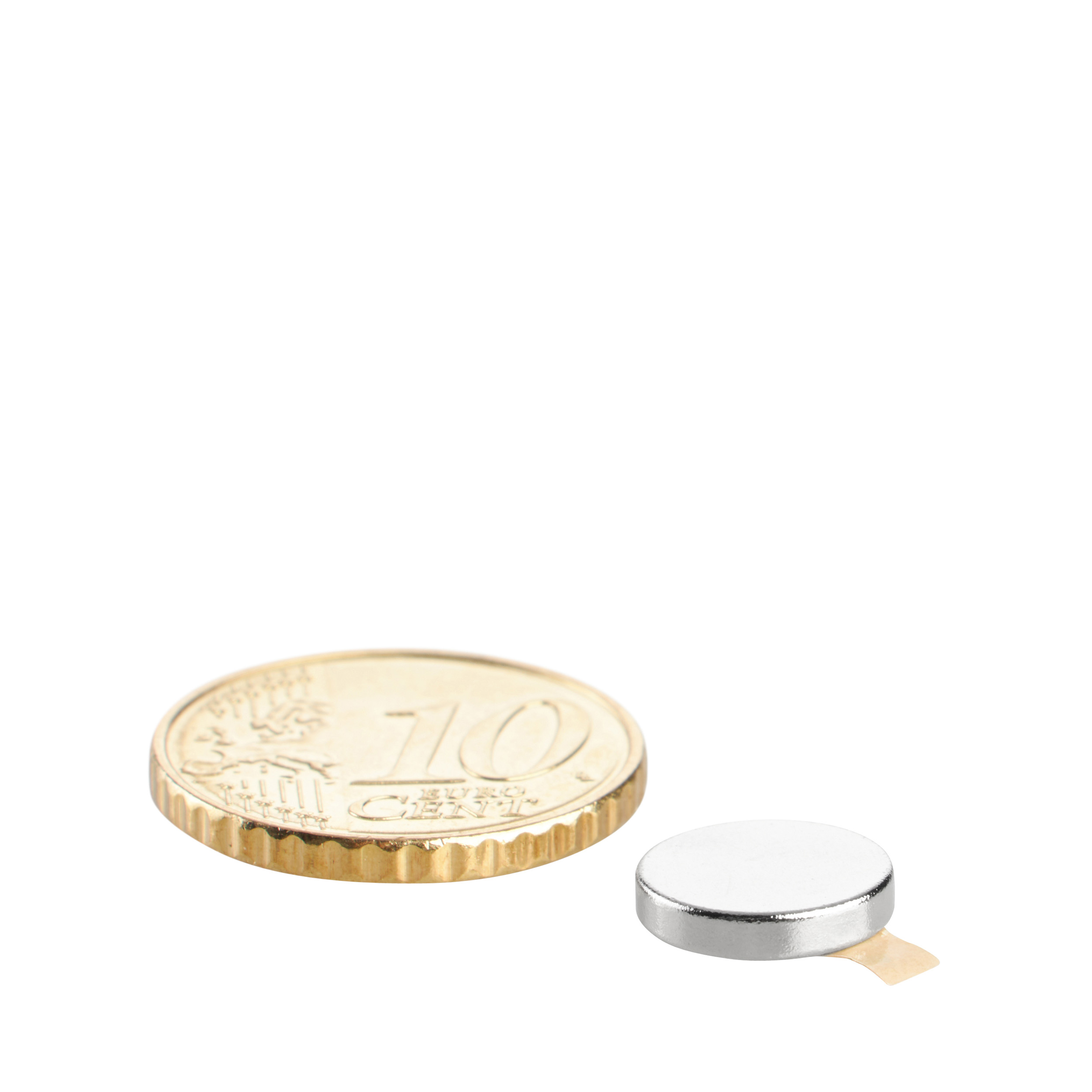100 Scheibenmagnete aus Neodym, selbstklebend 10 mm x 2 mm | silber | 3M 467