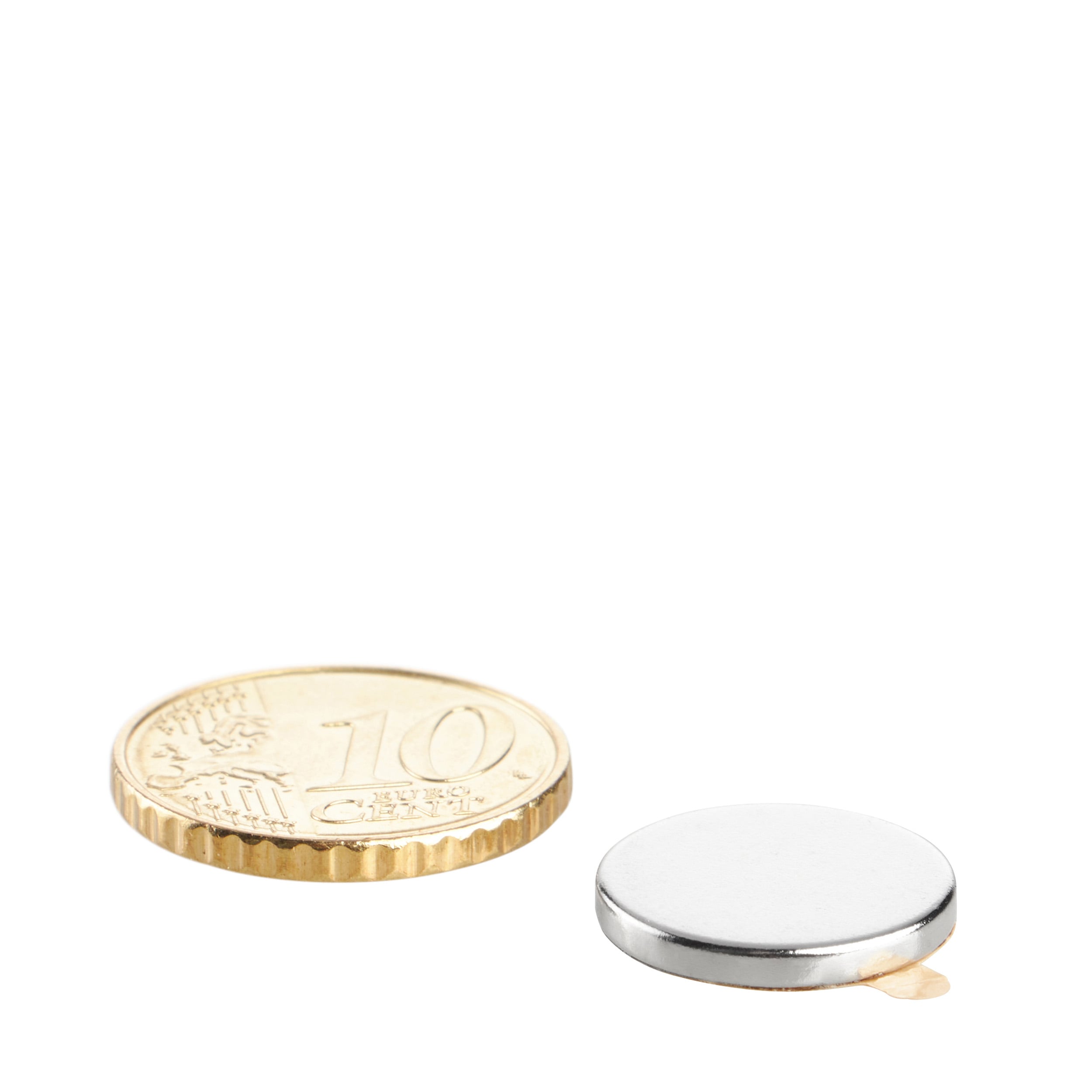10 Scheibenmagnete aus Neodym, selbstklebend 15 mm x 2 mm | silber | 3M 467