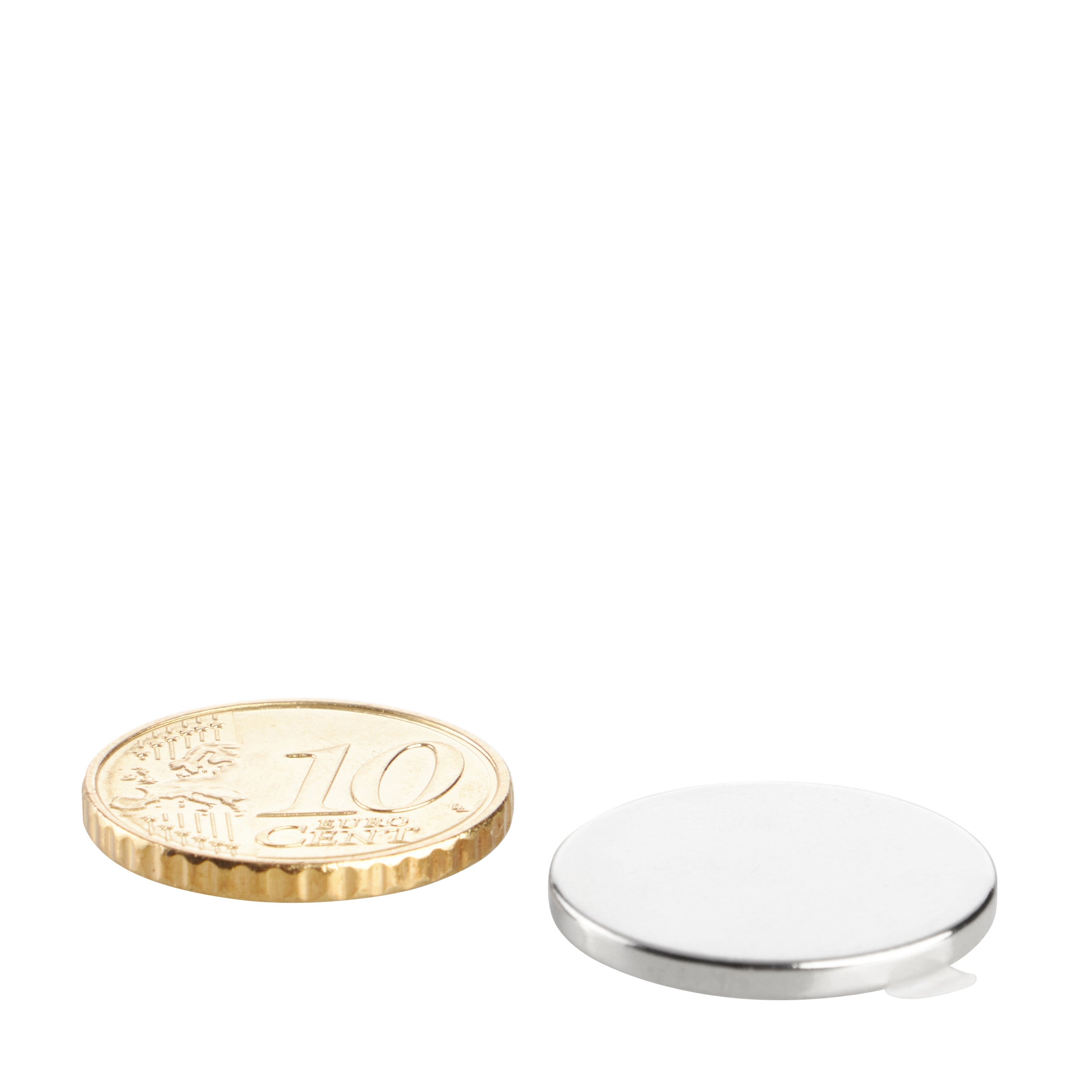 10 Scheibenmagnete aus Neodym, selbstklebend 20 mm x 2 mm | silber | 3M 4920