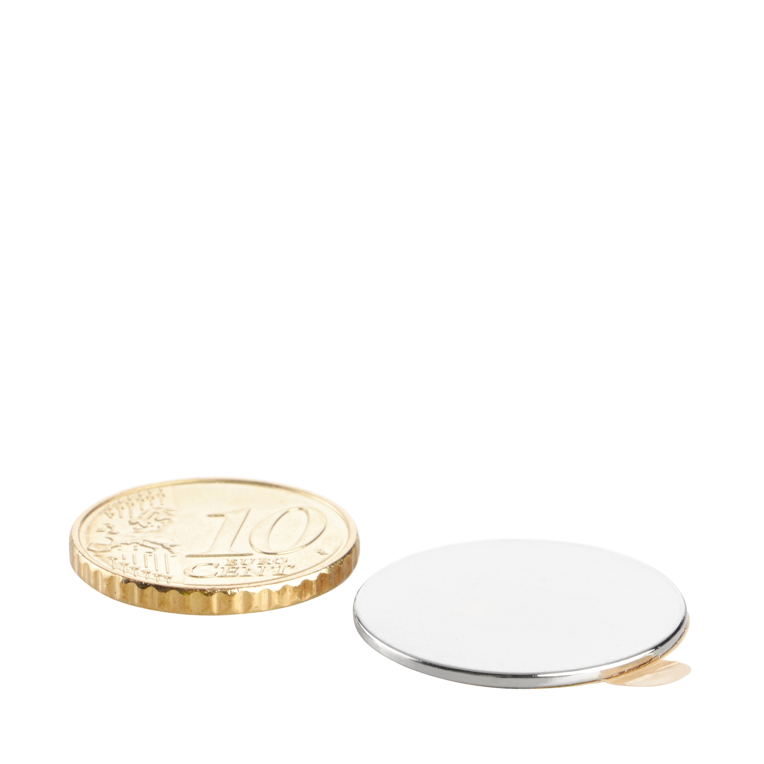10 Scheibenmagnete aus Neodym, selbstklebend 22 mm x 1 mm | silber | 3M 467