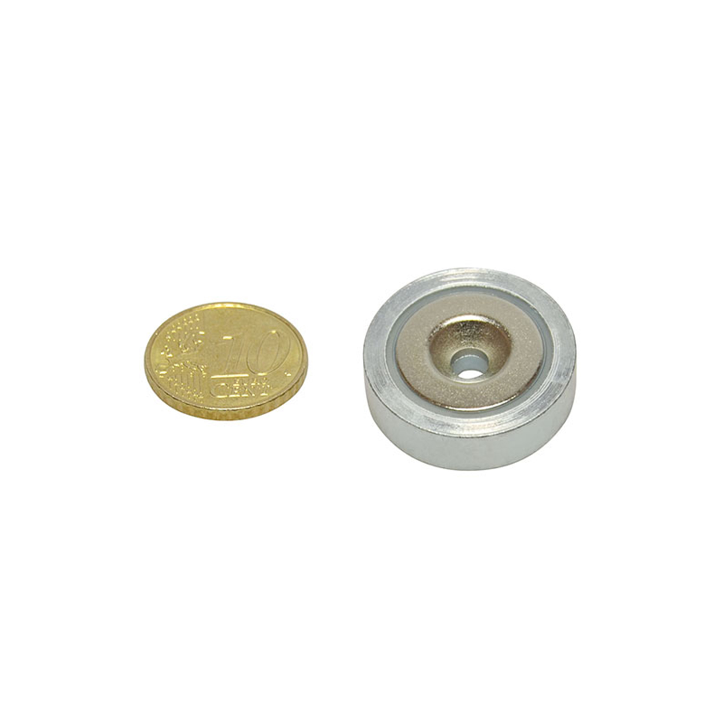 1 Topfmagnet mit Bohrung und Senkung, Neodym 25 mm | verzinkt | 16.4 kg, Neodym|Stahl, silber