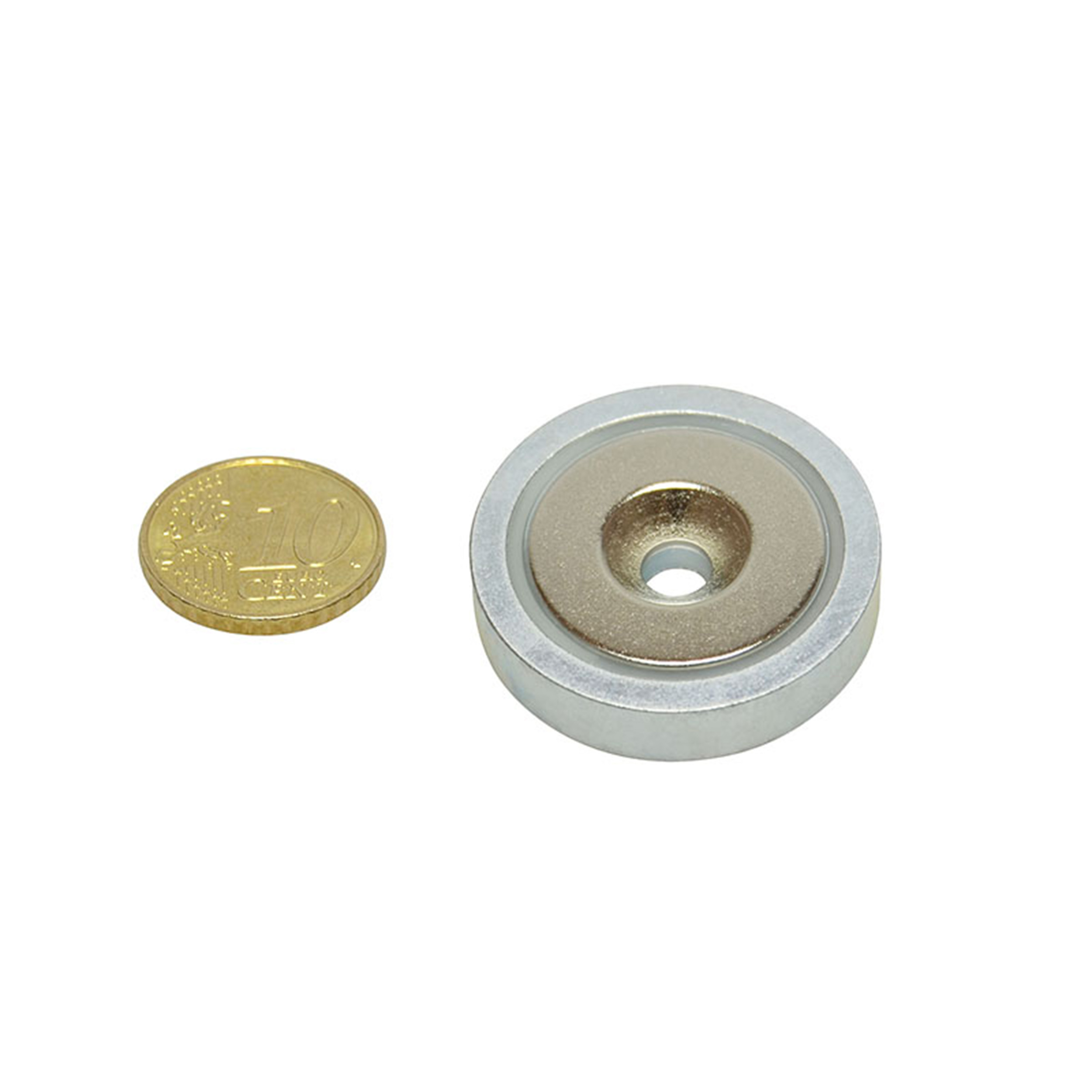 7 Topfmagnet mit Bohrung und Senkung, Neodym 32 mm | verzinkt | 31.7 kg, Neodym|Stahl, silber