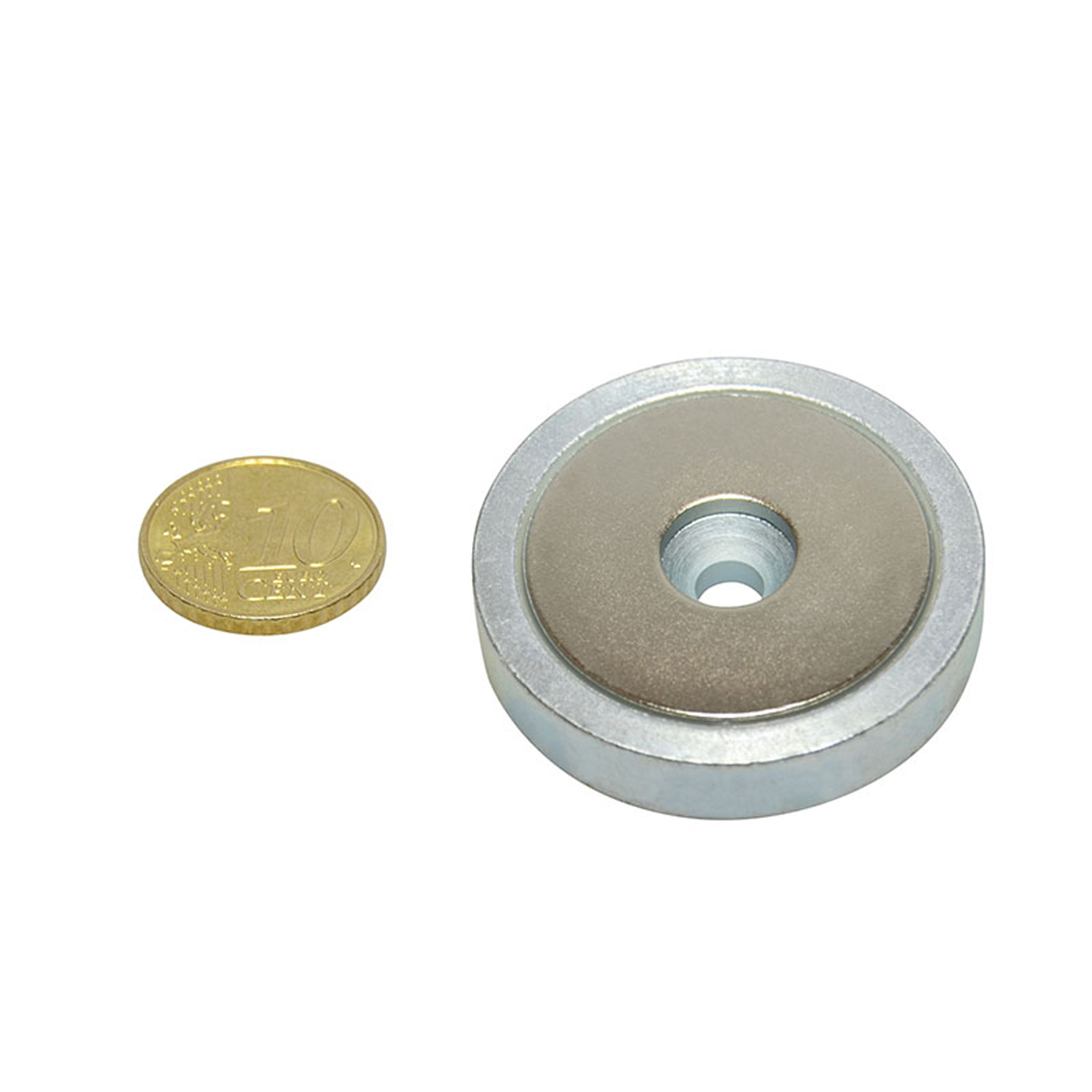 5 Topfmagnet mit Bohrung und Senkung, Neodym 40 mm | verzinkt | 58.2 kg, Neodym|Stahl, silber