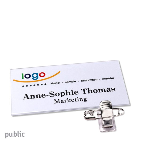 10 Namensschild mit Klammer public 75 x 37 mm, Hart-PVC, transparent