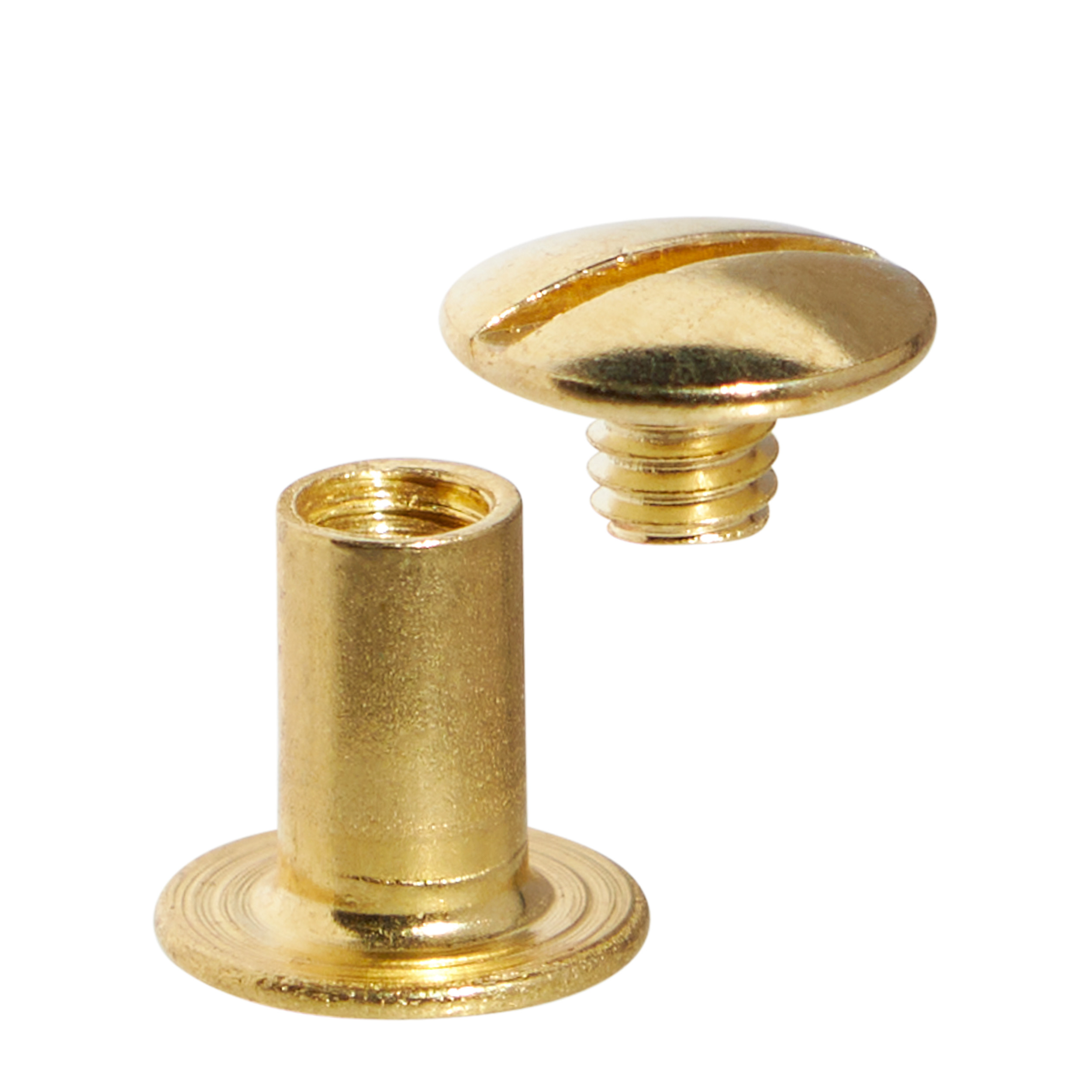 100 Buchschrauben, Messing 12 mm | Hülse glatt, Schraube geschlitzt, Metall, gold