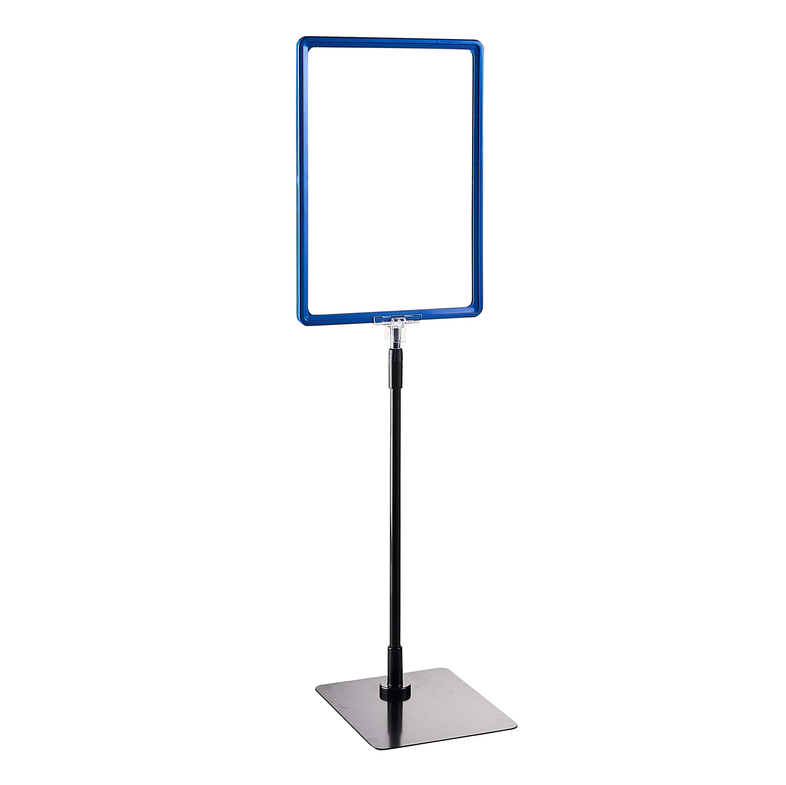 1 Set - Plakatrahmen mit Standfuß und Halterung (Set) A4 blau | Standfläche: schwarz | Aluminiumstange verstellbar von 350 - 550 mm, Kunststoff