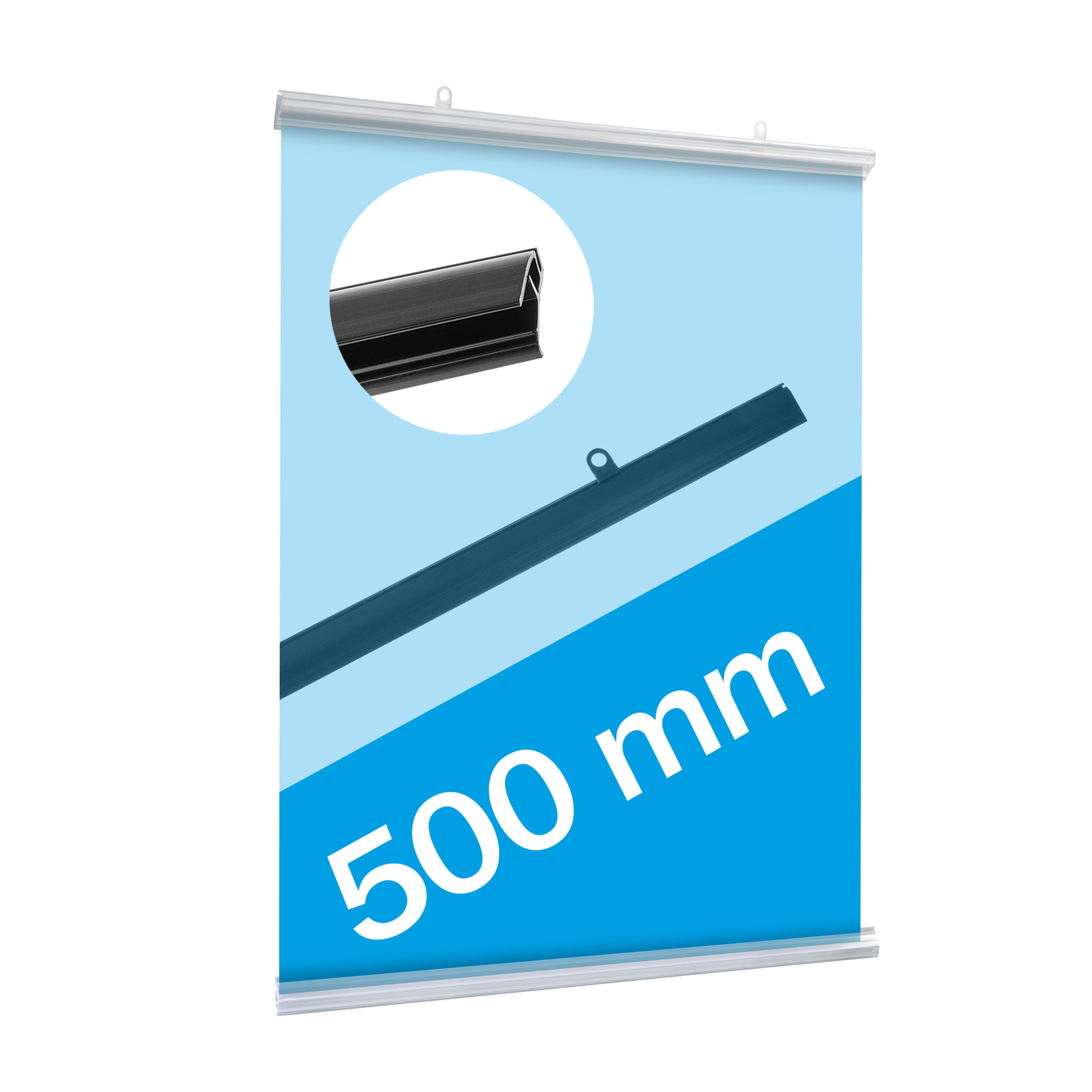 Posterklemmschienen, 2 Aufhänger, Kunststoff, transparent, 500 mm, klappbar