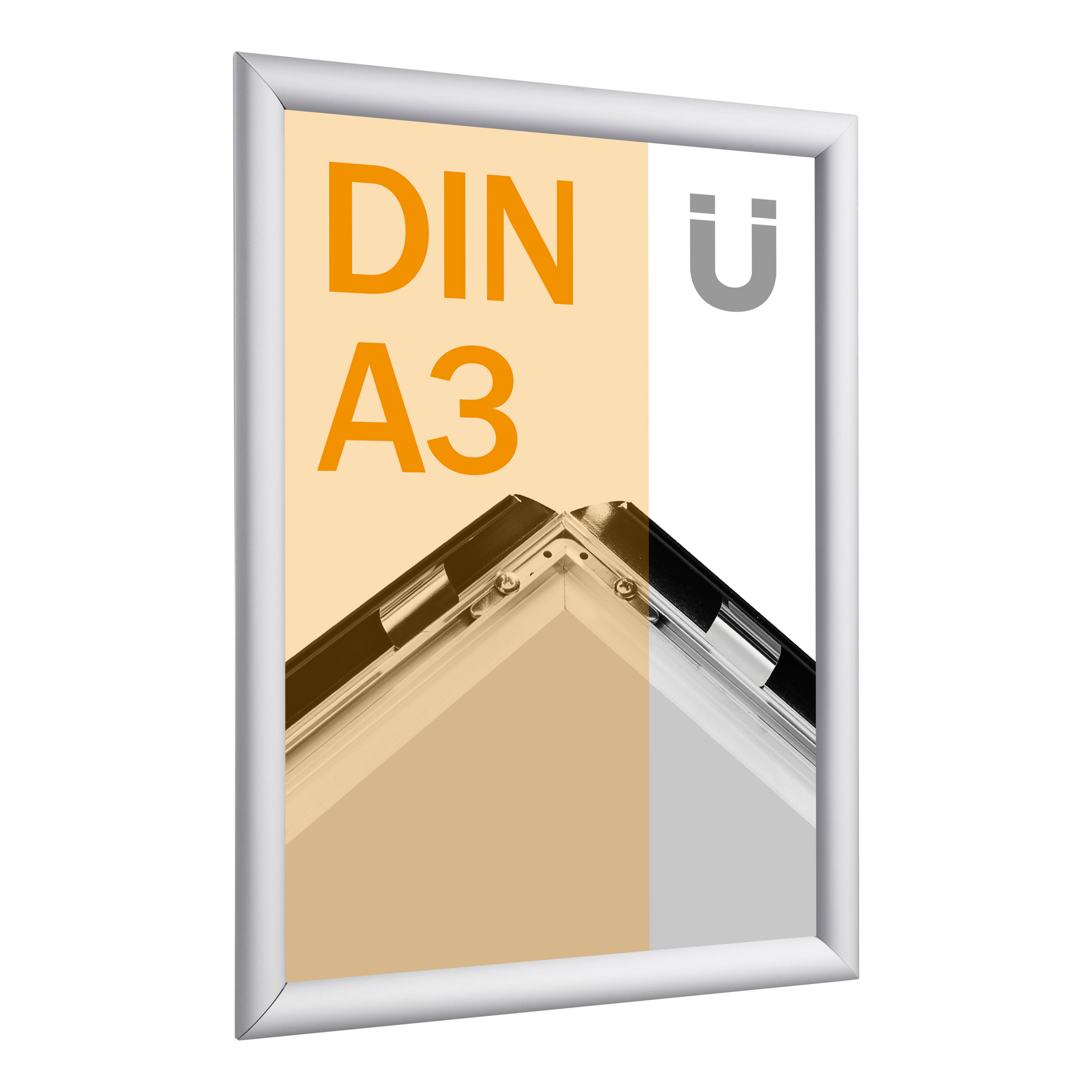 Klapprahmen für Inhalte DIN A3, Aluminium, magnethaftend, 25 mm Profil, 297 x 420 mm, silber, Ecken auf Gehrung geschnitten