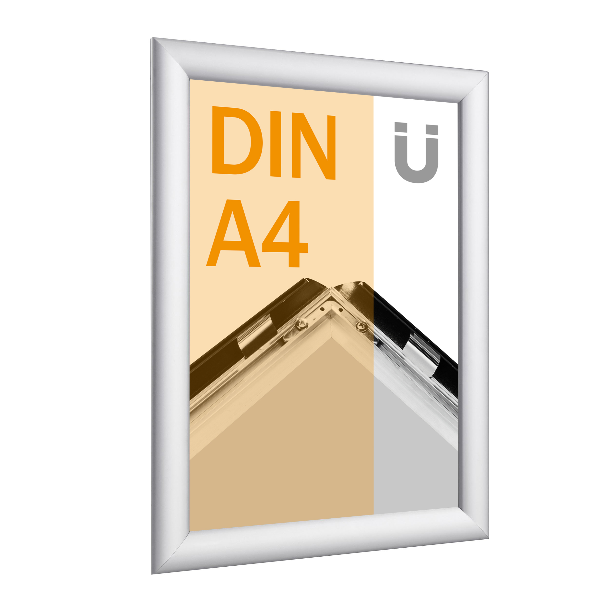 Klapprahmen für Inhalte DIN A4, Aluminium, magnethaftend, 25 mm Profil, 210 x 297 mm, silber, Ecken auf Gehrung geschnitten